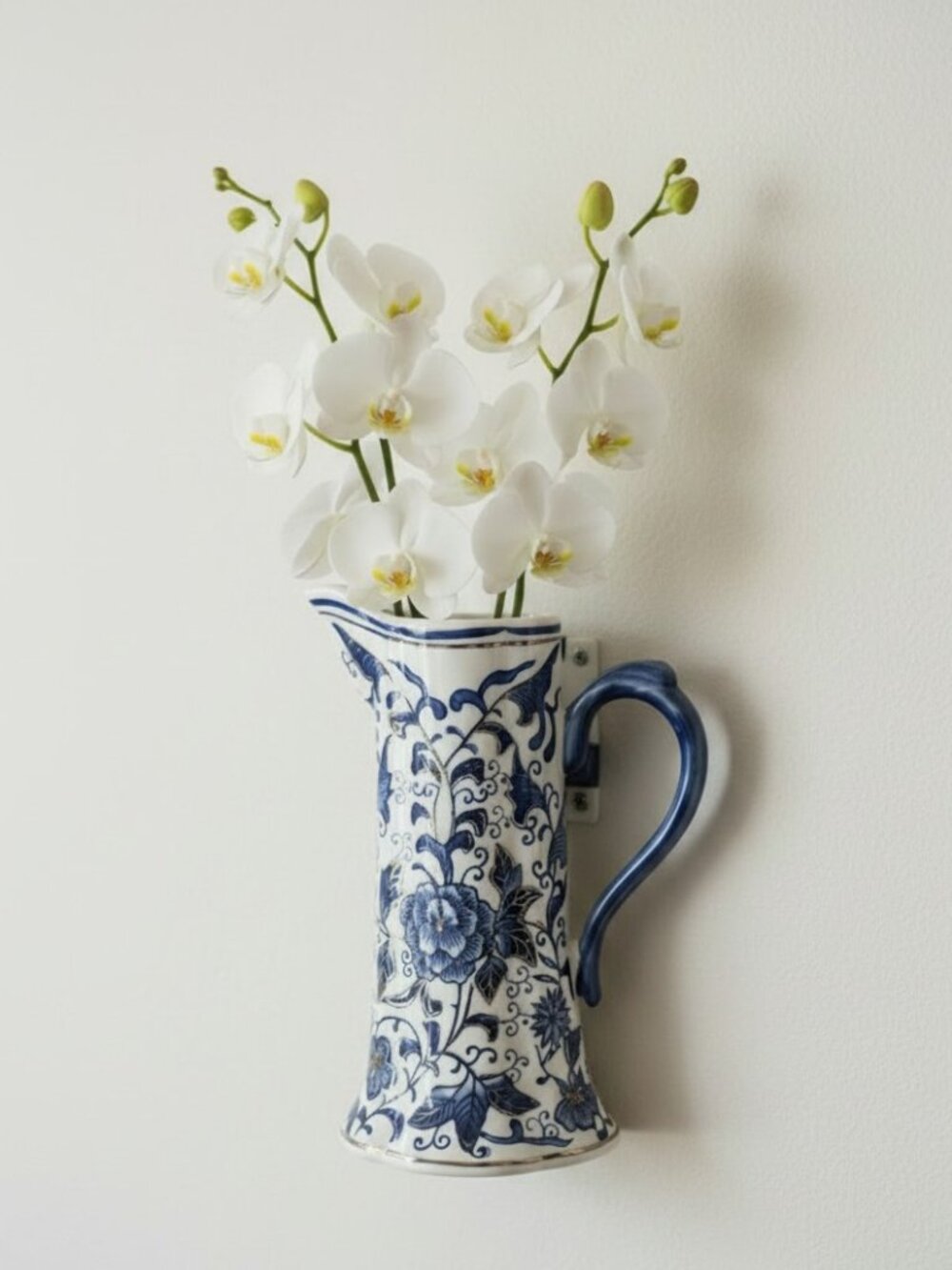 Chinoiserie French Country Blue & White Wall Pocket Porcelain Vase decor size OS